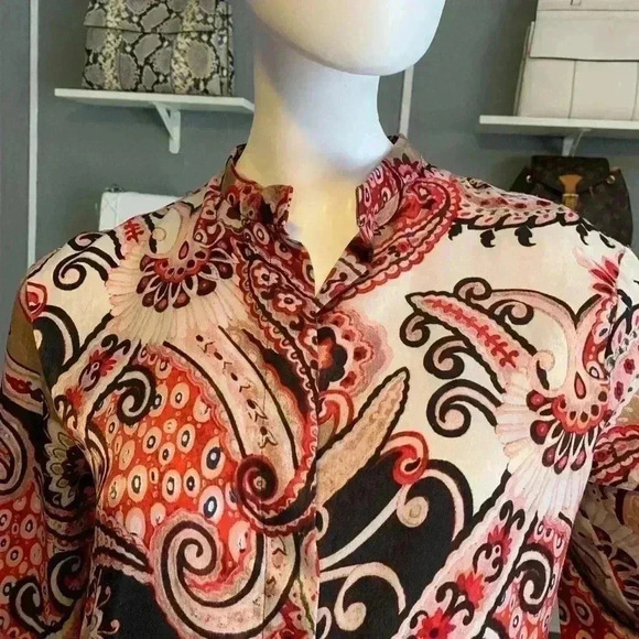 ZARA Tunic Red Paisley High Mock Neck Banded Collar Split Sides Size S - Picture 4 of 12